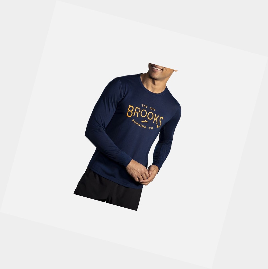 Men's Brooks Distance Graphic Long Sleeve Tops Navy / Heritage | 4018OAMUS