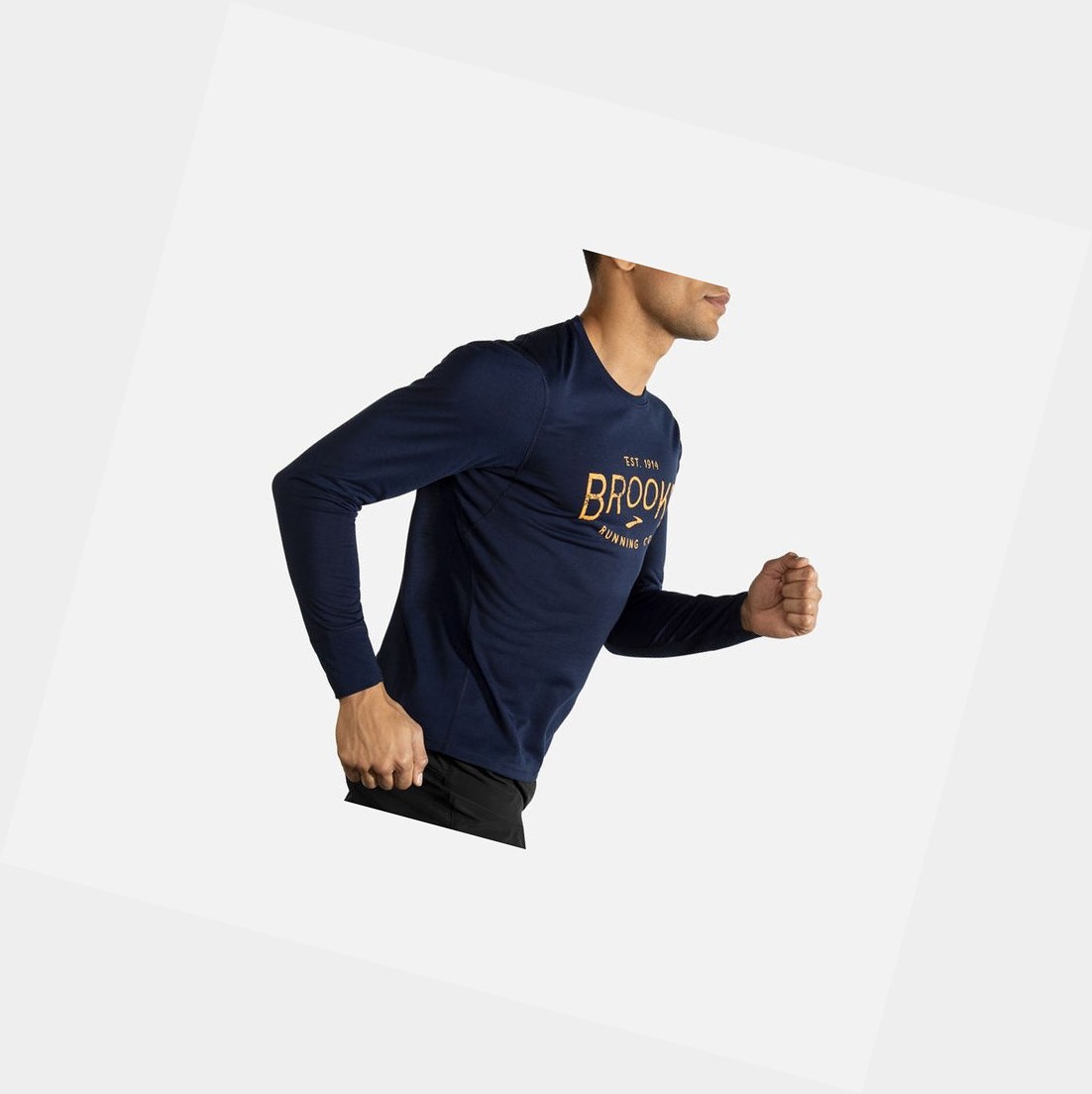 Men's Brooks Distance Graphic Long Sleeve Tops Navy / Heritage | 4018OAMUS