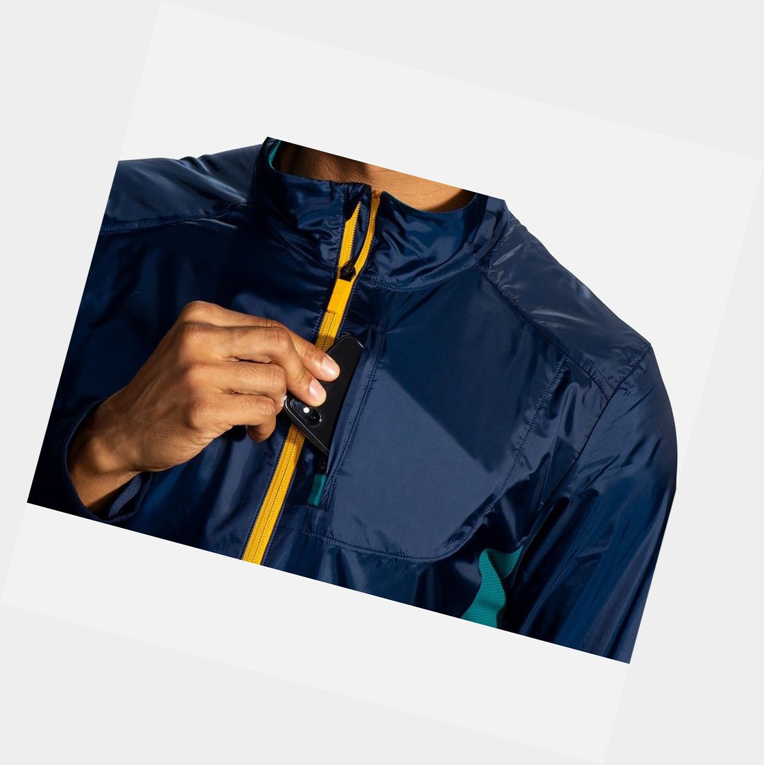 Men's Brooks Fusion Hybrid Outerwear Navy / Heather Spruce | 9803BCKHZ