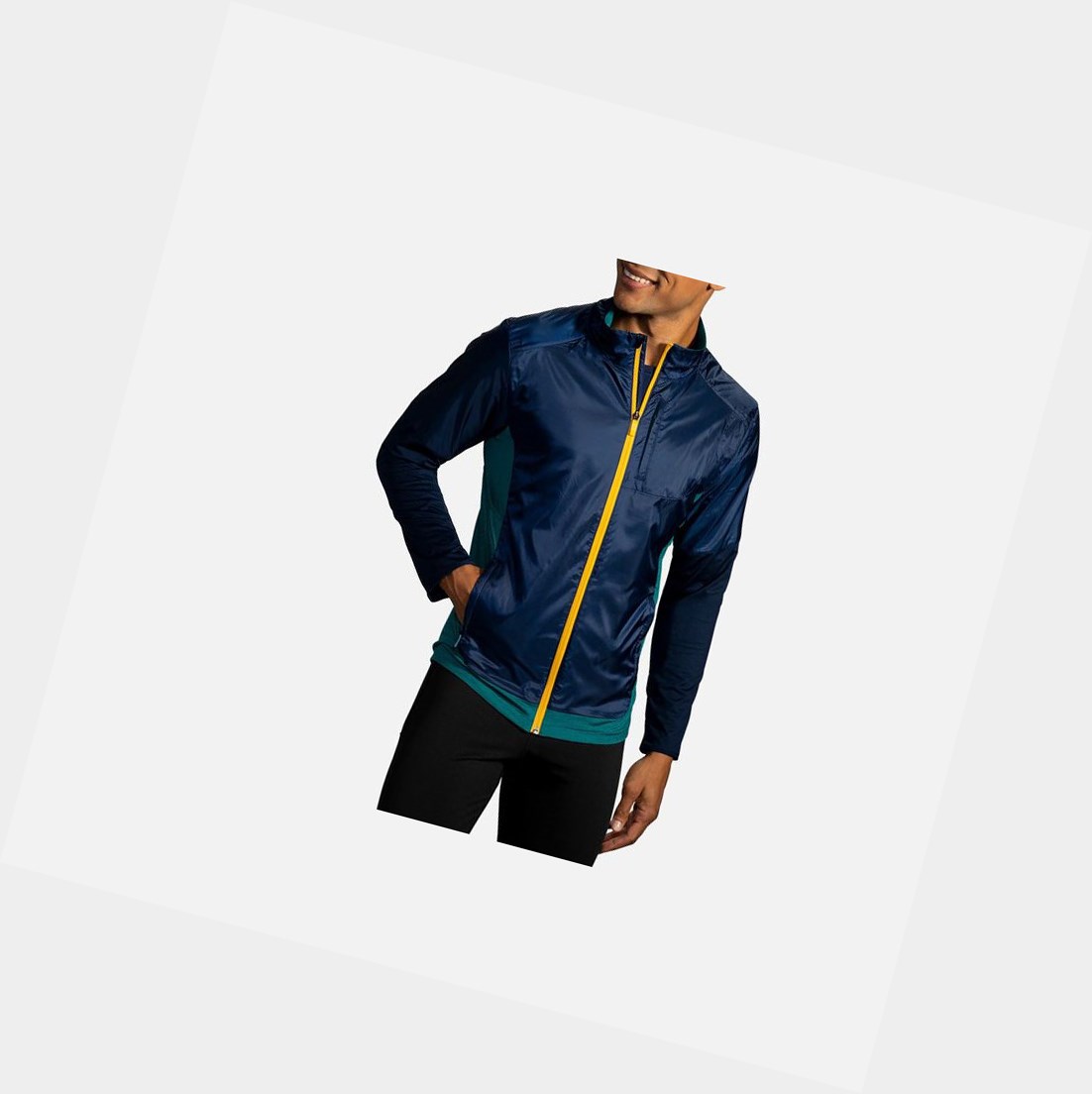 Men's Brooks Fusion Hybrid Outerwear Navy / Heather Spruce | 9803BCKHZ